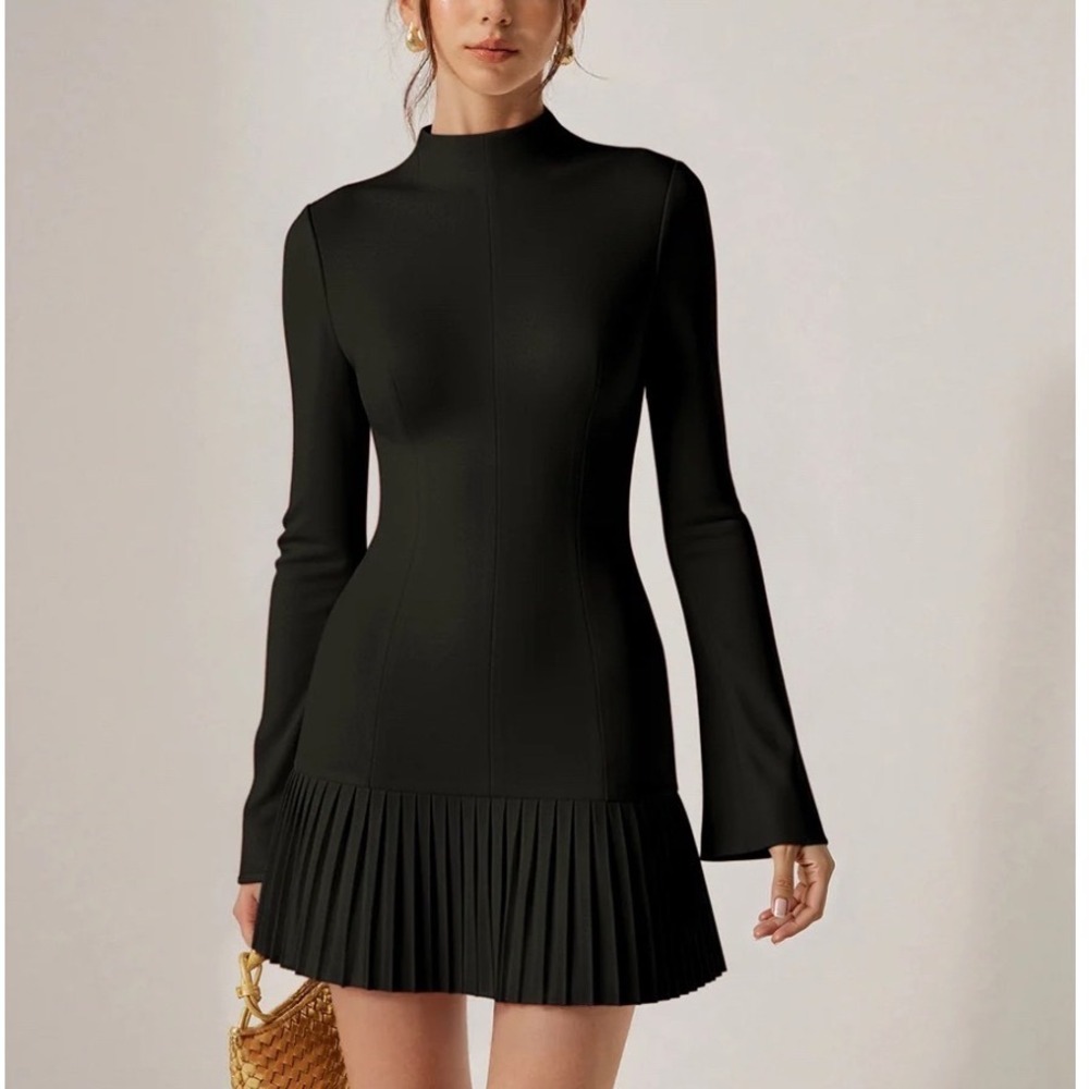 Commense Black Pleated Drop Waist Mini Dress Long Sleeve High Neck Large NWT
